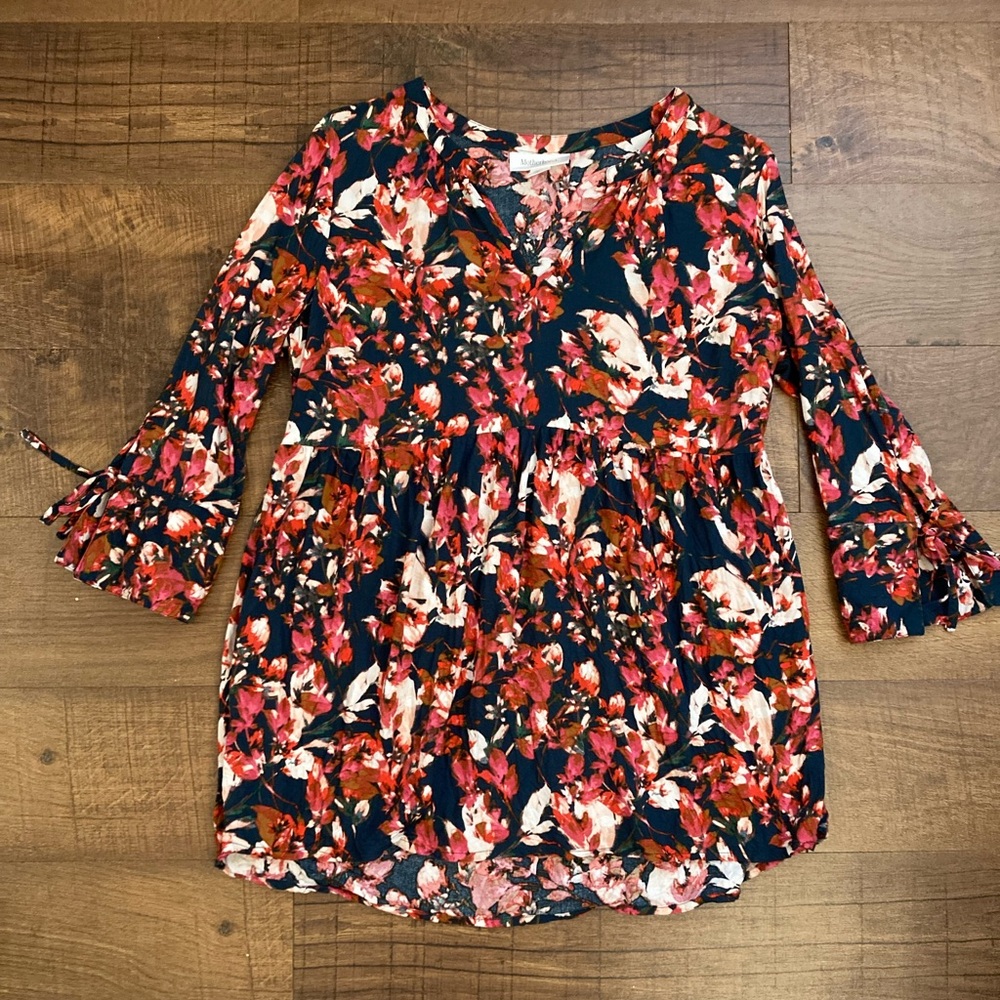 Motherhood Floral Maternity Blouse Tunic B- Neck Navy, Pink & Rust EUC Women’s S